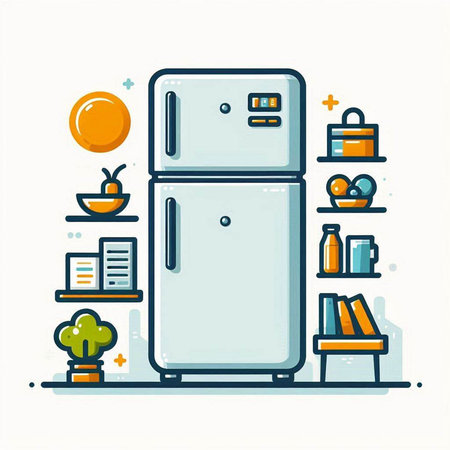 Refrigerator and books. Vector illustration in flat linear style.のイラスト素材
