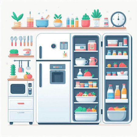 Refrigerator with kitchen utensils and food. Vector illustrationのイラスト素材