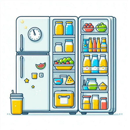 Refrigerator with healthy food. Vector illustration in cartoon style.のイラスト素材