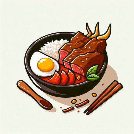 Illustration of a bowl of grilled beef with rice and egg.のイラスト素材