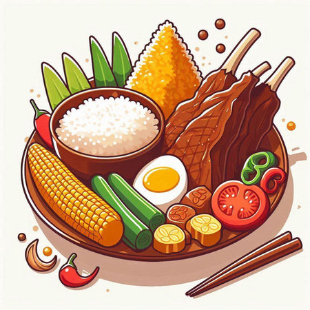 Illustration of Chinese food with rice, chicken, vegetables and eggsのイラスト素材