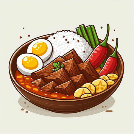 Illustration of a bowl of rice with beef, egg and vegetablesのイラスト素材
