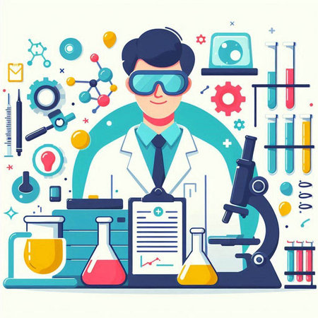 Scientist working in laboratory. Vector illustration in flat design style.のイラスト素材