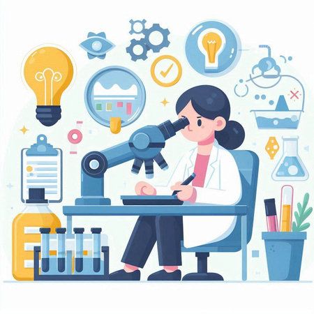 Scientist working with microscope in laboratory. Flat style vector illustration.のイラスト素材