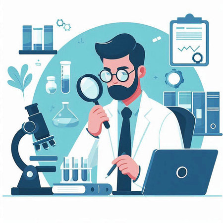 Scientist working with microscope and laptop. Vector illustration in flat styleのイラスト素材