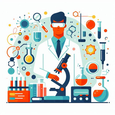 Scientist with microscope and laboratory equipment. Flat style vector illustration.のイラスト素材