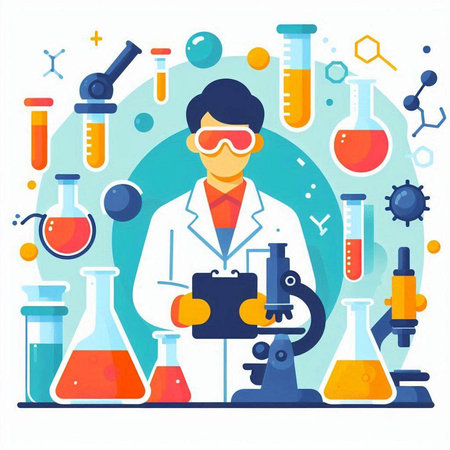Scientist in laboratory with equipment and science experiments. Vector illustration.のイラスト素材