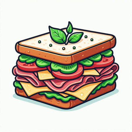 Sandwich with ham, cheese, tomato and lettuce. Vector illustration.のイラスト素材