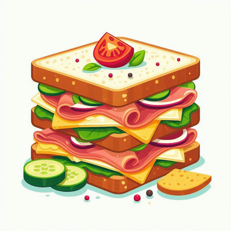 Sandwich with ham, cheese, tomato, cucumber and lettuce. Vector illustrationのイラスト素材