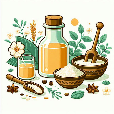 Vector illustration of essential oil in a glass bottle with wooden spoon, herbs and spices.のイラスト素材