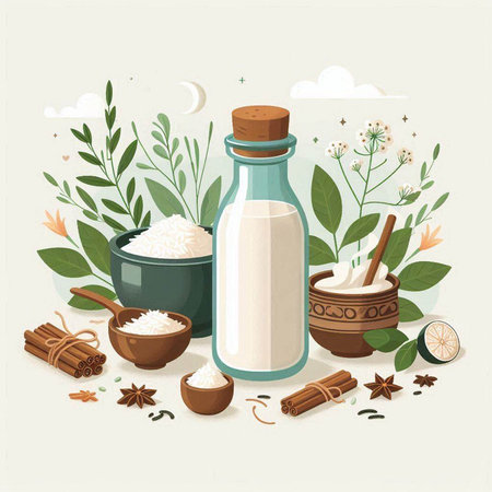 Vector illustration of ingredients for cooking - milk, cottage cheese, honey, spices.のイラスト素材