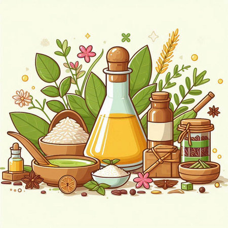 Spa set with essential oils, herbs and spices. Vector illustration.のイラスト素材