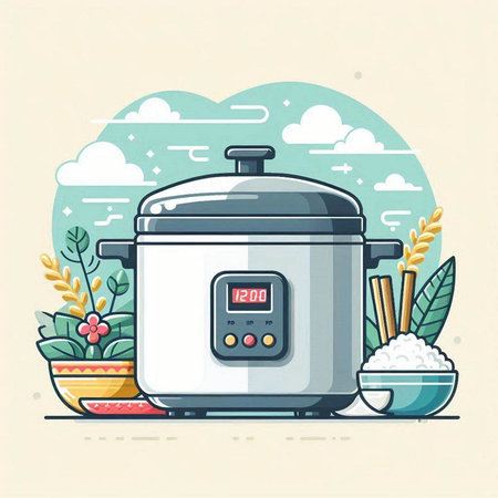 Vector illustration of rice cooker in flat style. Rice cooker and rice bowl.のイラスト素材