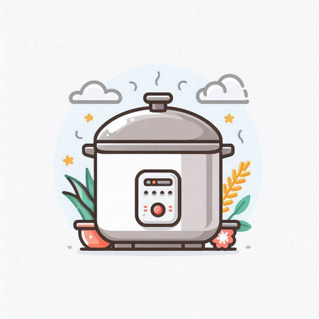 Vector illustration of modern flat line design concept of cooking with rice cooker.のイラスト素材