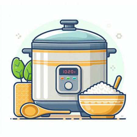 Vector illustration of a rice cooker and bowl of rice. Flat style.のイラスト素材
