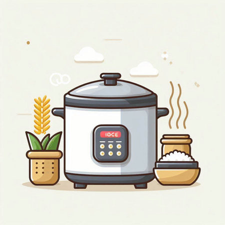 Vector illustration of rice cooker with rice in pot. Flat style.のイラスト素材