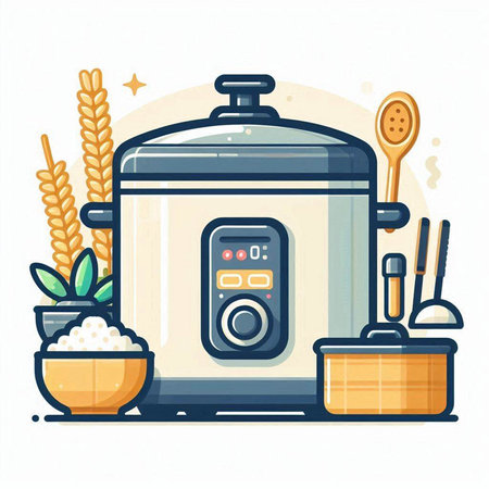 Vector illustration of a modern electric rice cooker with wooden utensils.のイラスト素材