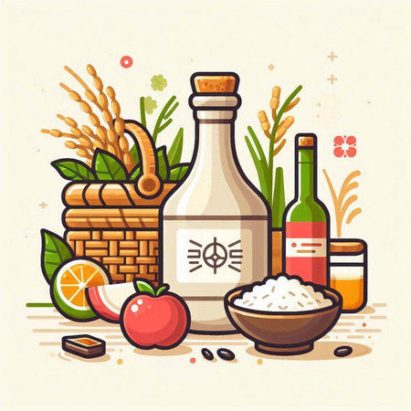 Illustration of healthy food and drink. Vector illustration in flat style.のイラスト素材