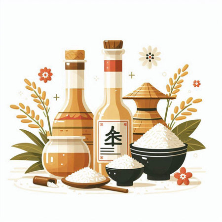 Vector illustration of Japanese food and drink, rice, soy sauce, misoのイラスト素材