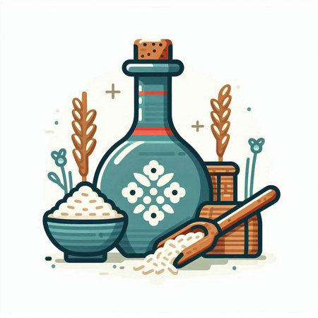 Hand drawn vector illustration of rice in a bottle, bowl and scoop. Isolated objects on white background.のイラスト素材