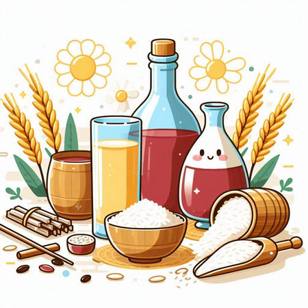 Illustration of a set of products for the preparation of bread, flour, eggs, sugar, milk, olive oil.のイラスト素材