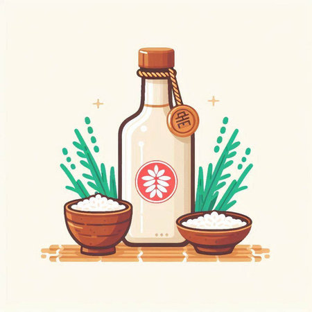 Illustration of japanese tequila bottle and bowl with riceのイラスト素材
