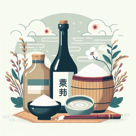 Japanese food vector illustration with rice and sake bottle in flat style.のイラスト素材