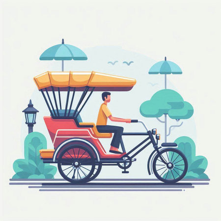 Man riding rickshaw in the park. Flat vector illustration.のイラスト素材