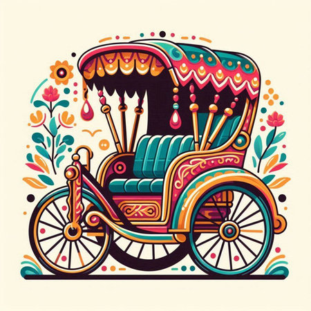Colorful vector illustration of a retro trishaw with flowers.のイラスト素材