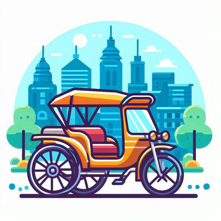 Rickshaw on the background of the city. Vector illustration.のイラスト素材