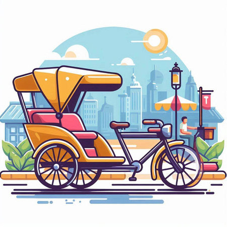 Tricycle on the city street. Vector illustration in flat styleのイラスト素材