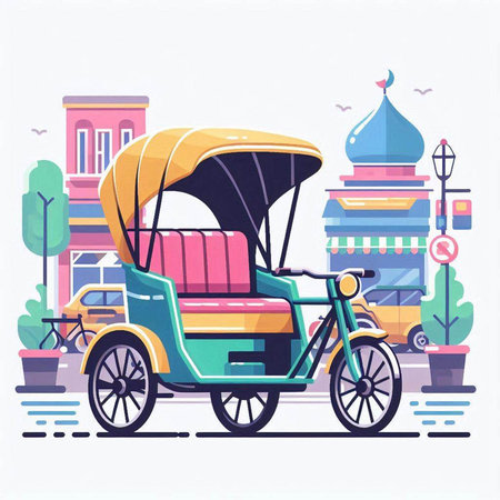 Rickshaw in the city. Vector illustration in flat style.のイラスト素材