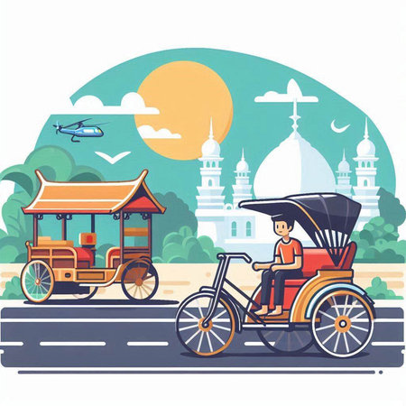 Rickshaw on the street. Vector illustration in flat style.のイラスト素材