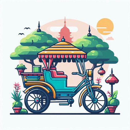 Tuk-tuk in the park. Vector illustration in flat styleのイラスト素材