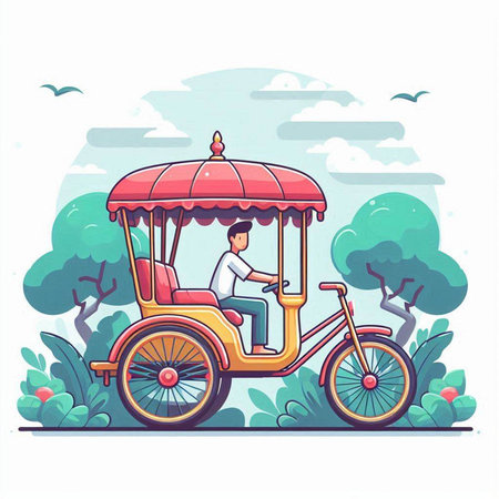 Tuk tuk vector illustration. Cartoon man riding a tricycle in the park.のイラスト素材