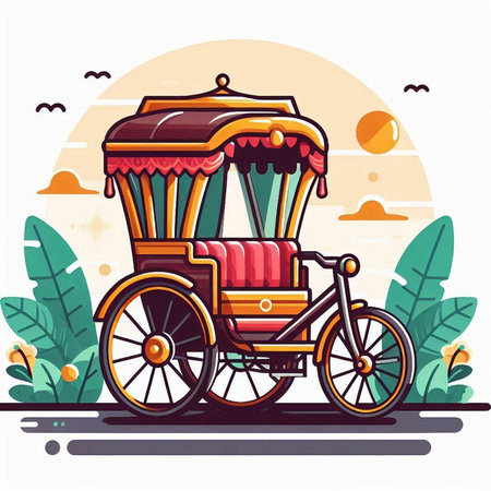 Rickshaw. Vector illustration in flat cartoon style on white background.のイラスト素材