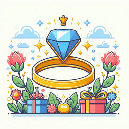Wedding ring with diamond, flowers and gift boxes. Vector illustration.のイラスト素材