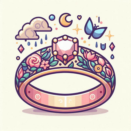 Wedding ring with gems and flowers. Vector illustration in cartoon style.のイラスト素材