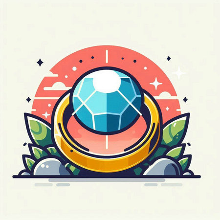 Vector illustration in flat linear style - ring with diamond on the background of the sunのイラスト素材