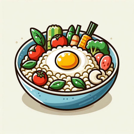 Illustration of a bowl of oatmeal with fried egg and vegetablesのイラスト素材