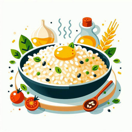 Rice porridge in a frying pan with ingredients. Vector illustration.のイラスト素材