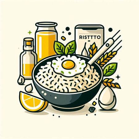Illustration of a bowl of risotto with fried egg and ingredientsのイラスト素材