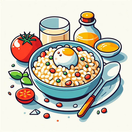 Vector illustration of a bowl of oatmeal with egg and tomatoes.のイラスト素材