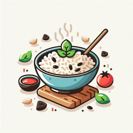 Illustration of a bowl of oatmeal with a spoon and ingredients.のイラスト素材