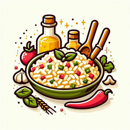 Risotto in a bowl with ingredients for cooking. Vector illustration.のイラスト素材