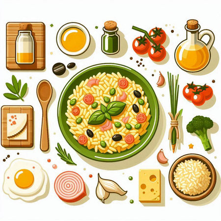Illustration of a set of different types of pasta with vegetables and spicesのイラスト素材