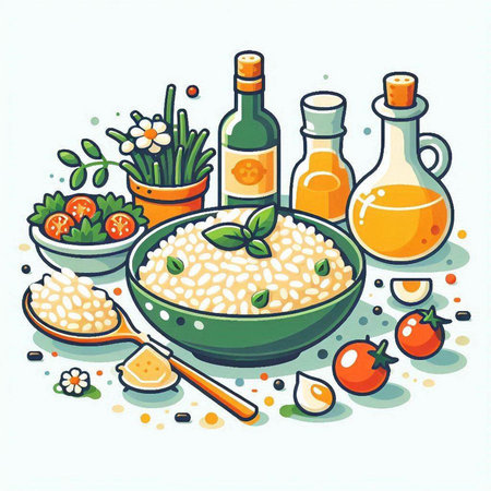 Illustration of a bowl of risotto with vegetables and olive oilのイラスト素材