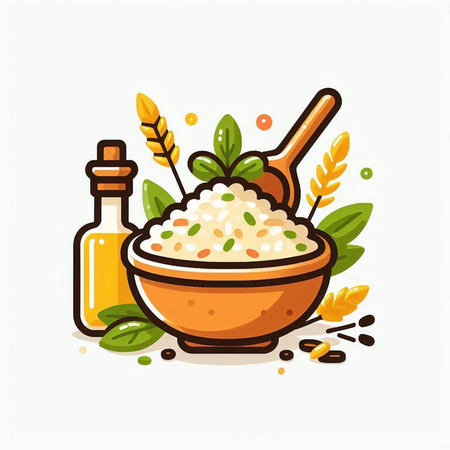 Vector illustration of a bowl of porridge with rice, spices and herbs.のイラスト素材
