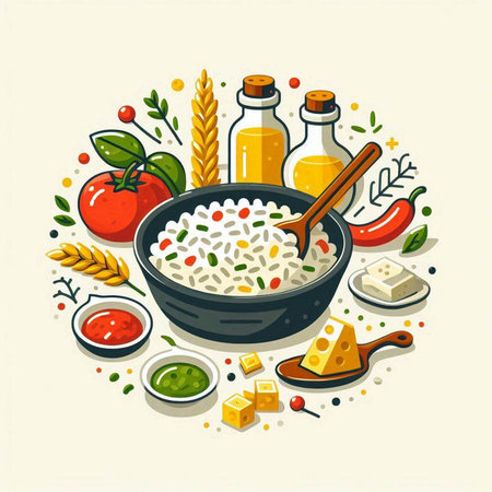 Rice in a bowl with ingredients for cooking. Vector illustration.のイラスト素材