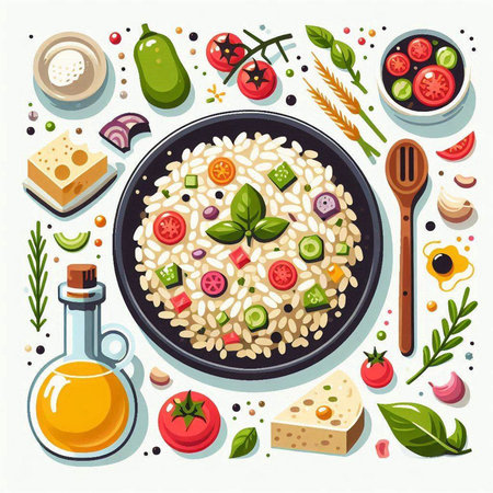 Risotto with tomato, cheese, olives and basil. Italian cuisine. Vector illustrationのイラスト素材